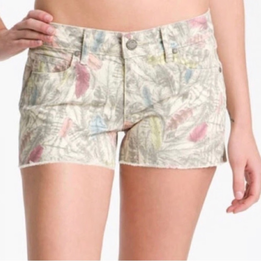 PAIGE Women's Cut Off Denim Pastel Patterned Jean Shorts. Coastal Vacation